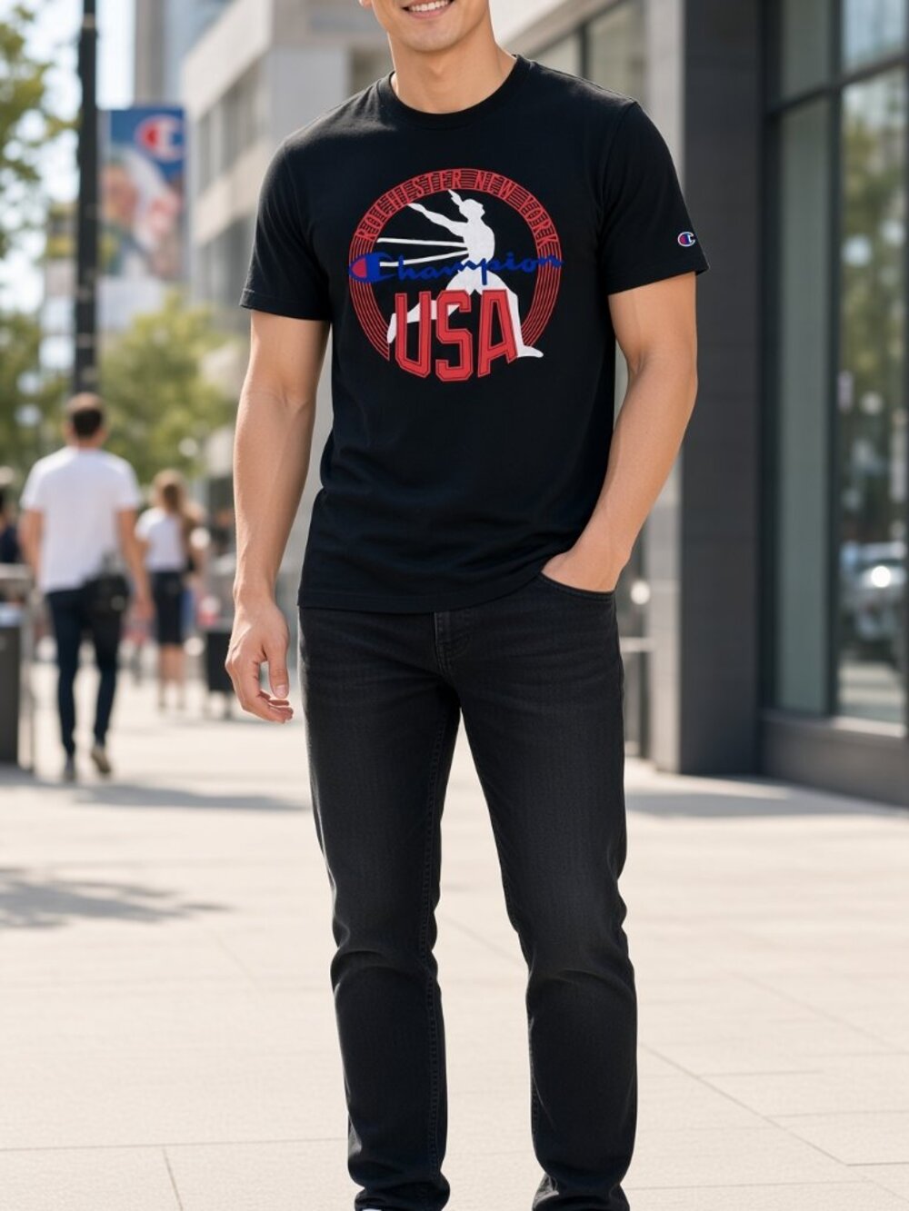 Champion Mens Black Heritage Athletic Apparel Cotton T-Shirt Multi-Color Patch S